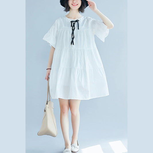 vintage white plus size casual dress casual trumpet sleeves a line skirts o neck cotton dress