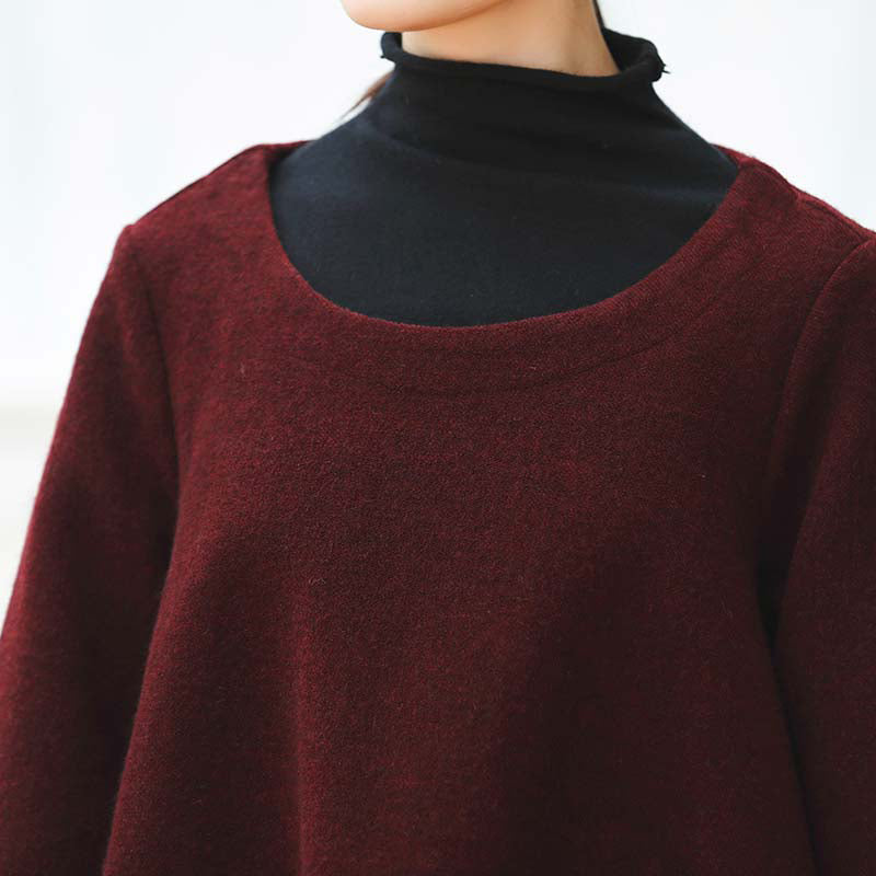 warm burgundy knit dresses oversized O neck sweater casual baggy dresses pullover sweater