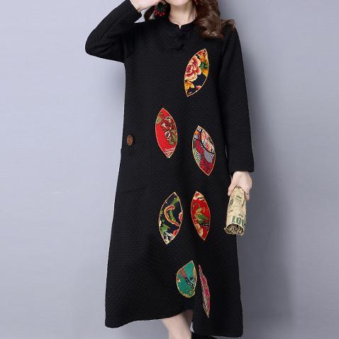 winter thick black cotton embroidery dresses oversize vintage maxi dress