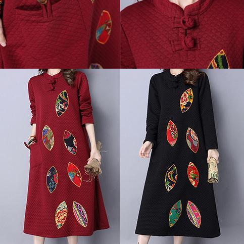 winter thick black cotton embroidery dresses oversize vintage maxi dress