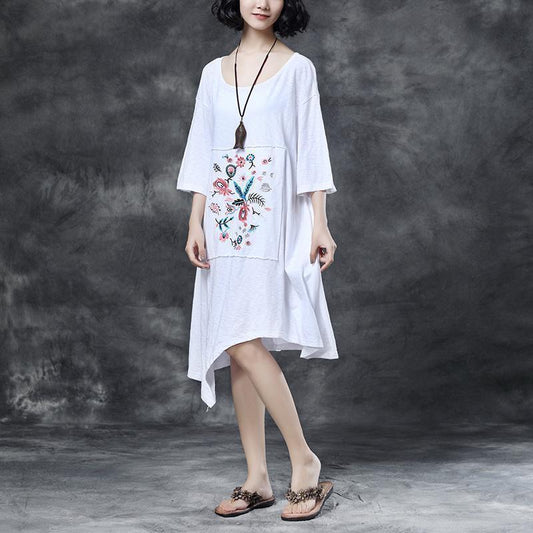 women Midi-length cotton dress trendy plus size Loose Round Neck Embroidered Irregular Cotton Dress