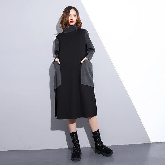 women black oversize traveling clothing patchwork vintage high neck side open clothing dress
