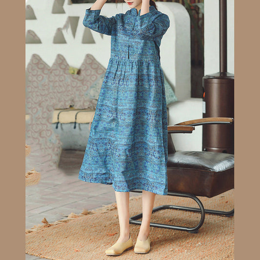 women blue print Midi-length cotton linen dress trendy plus size cotton linen dresses Stand natural cotton linen dress