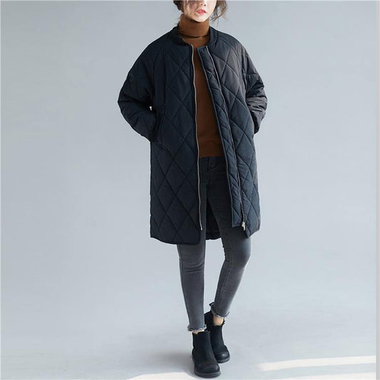women casual down coats black stand collar zippered overcoat - SooLinen
