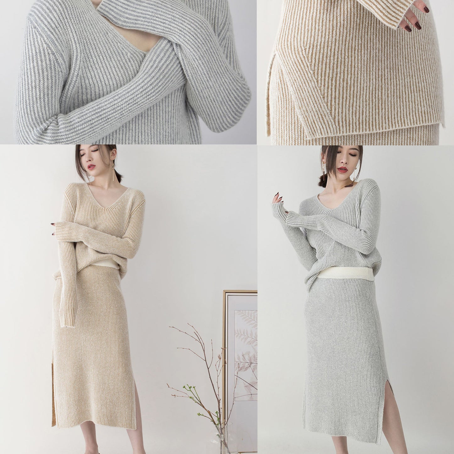 women gray knit sweaters plus size clothing v neck knitted blouses vintage side open skirt two pieces