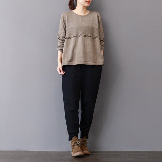 women khaki sweater fall fashion patchwork sweaters vintage ruffles fall blouse