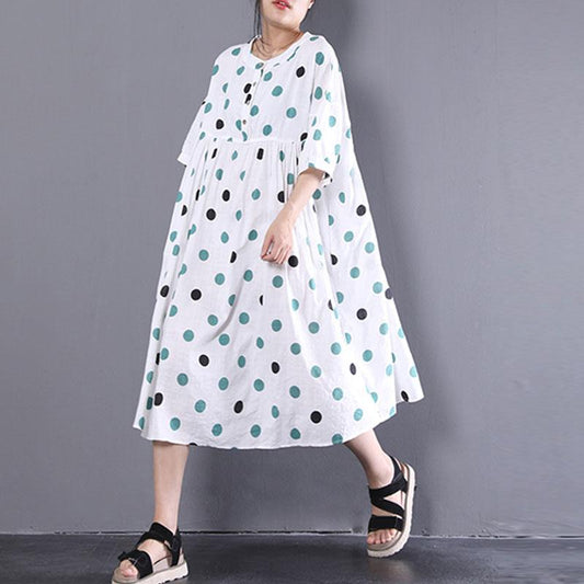 women linen shift dress oversized Loose Short Sleeve Dots Printed White Pleated Dress