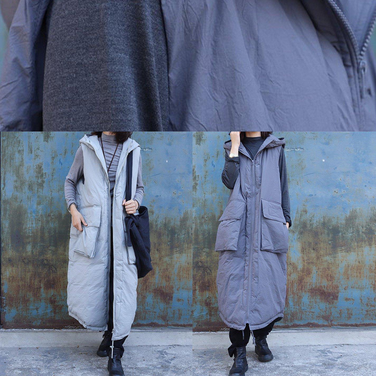 women plus size clothing winter jacket stand collar coats dark gray hooded sleeveless coats - SooLinen