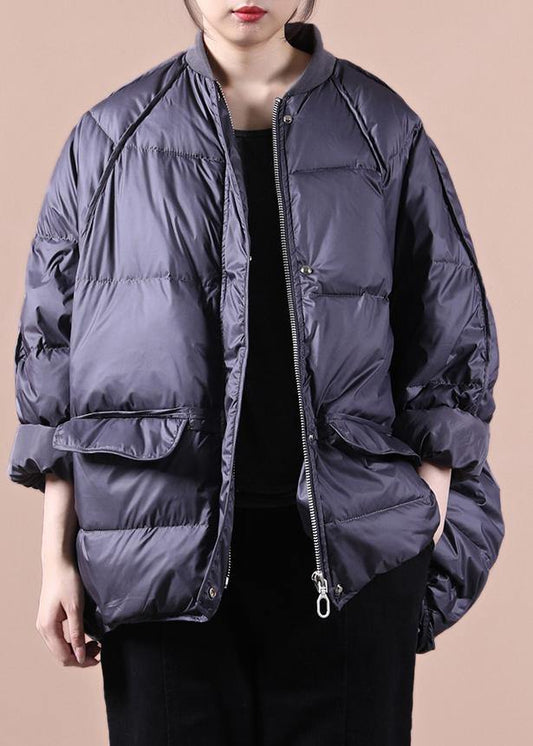women plus size parka coats purple gray pockets zippered warm winter coat - SooLinen