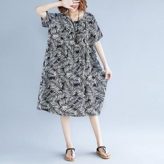 women print cotton linen dresses plus size clothing short sleeve baggy dresses New o neck traveling dress