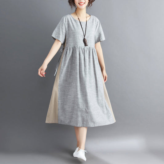 women striped Midi cotton linen dresses casual traveling dress vintage short sleeve tie waist v neck cotton linen clothing
