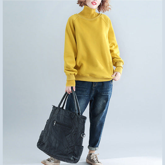 yellow stylish false two pieces sweaters knit sweat tops high neck blouse