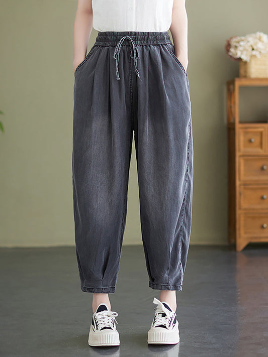 Women Summer Worn Solid Pleat Loose Pocket Denim Pants