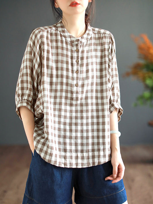 Women Retro Plaid Button Batwing Sleeve Cotton Shirt