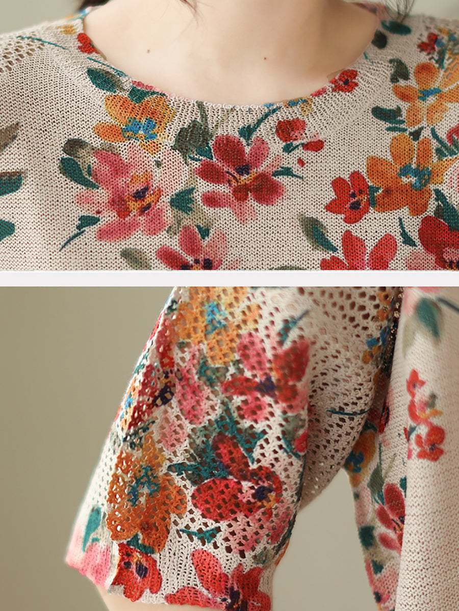 Women Summer Vintage Floral Loose Knitted Shirt