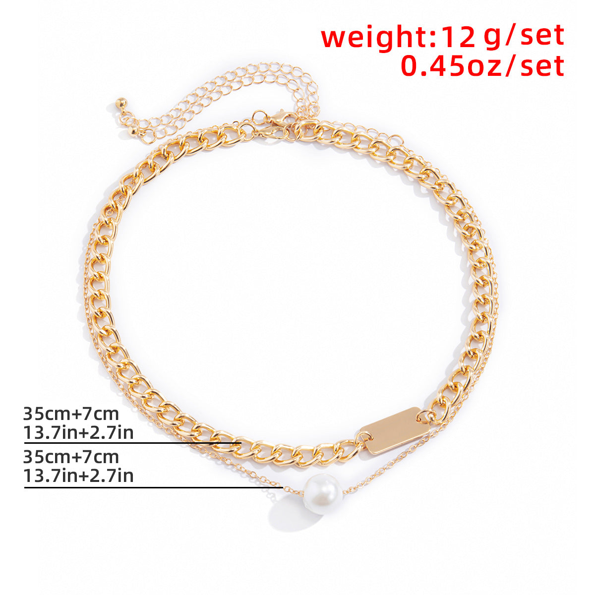 Simple double-layer geometric square pearl necklace temperament and generous metal chain neck necklace