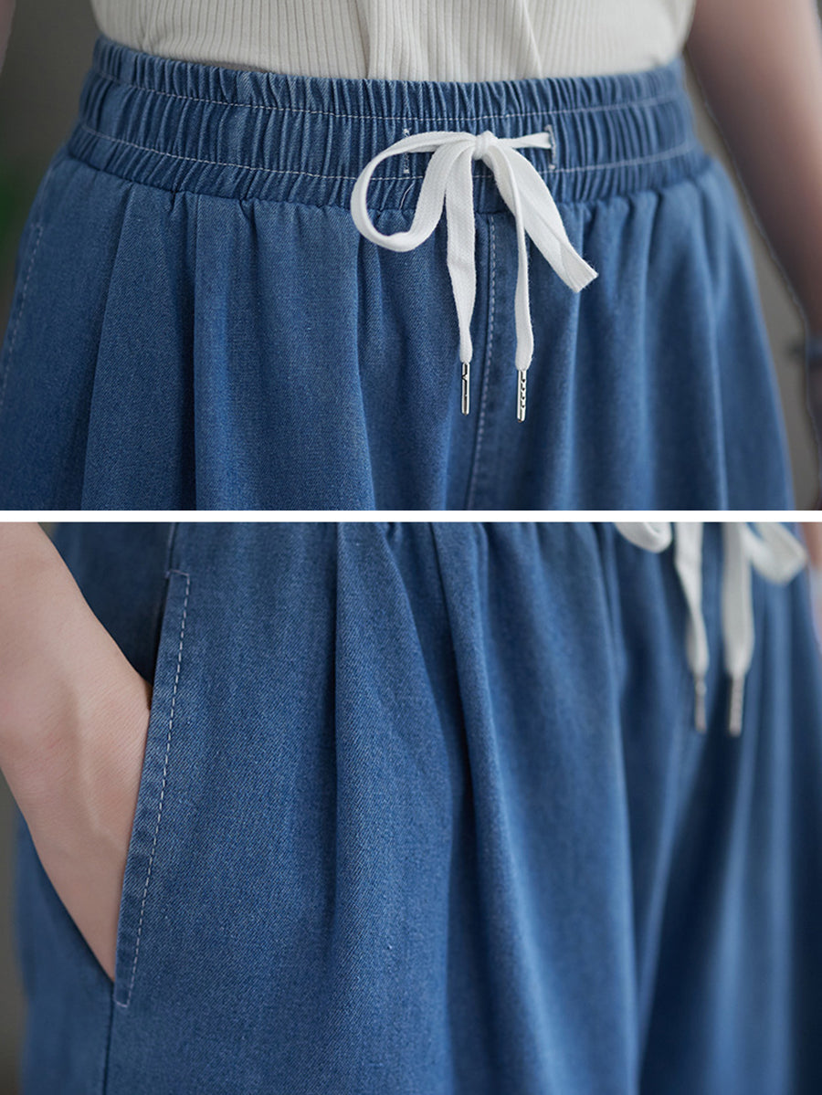 Women Summer Thin Solid Drawstring Wide-leg Denim Pants
