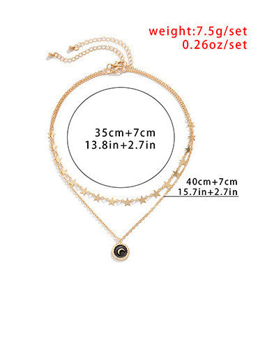 Geometric metal fine chain necklace creative star and moon drop oil pendant all-match double necklace
