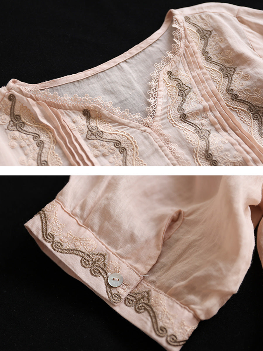 Lace Embroidery Ramie Casual Summer Women T Shirt