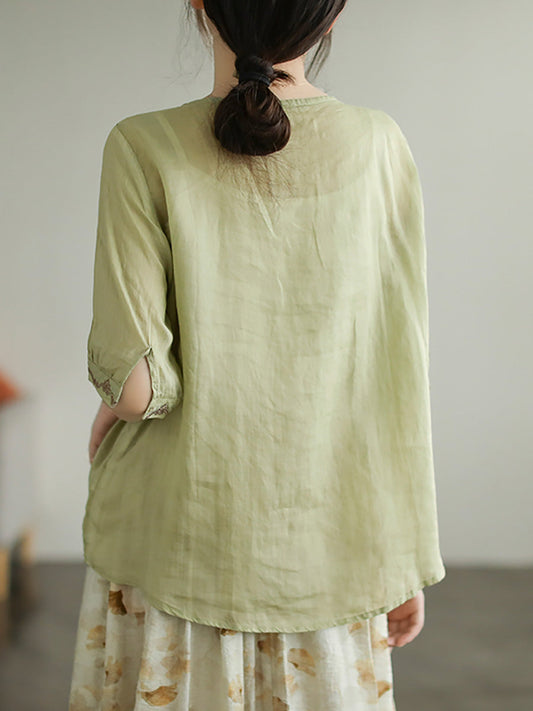 Lace Embroidery Ramie Casual Summer Women T Shirt