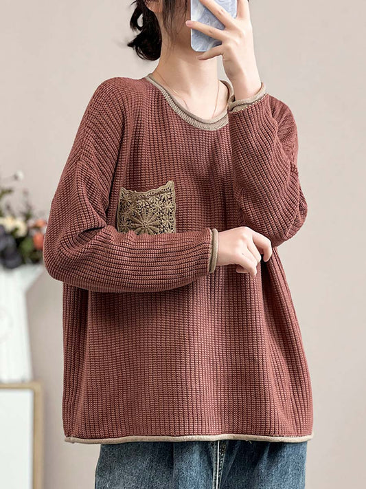 Women Artsy Spring Knitted Lace Patch Loose Sweater