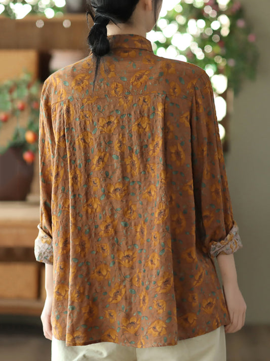 Plus Size Women Spring Vintage Floral Button T-shirt