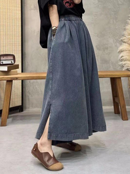 Summer Women Retro Worn Pocket Wide-leg Denim Pants