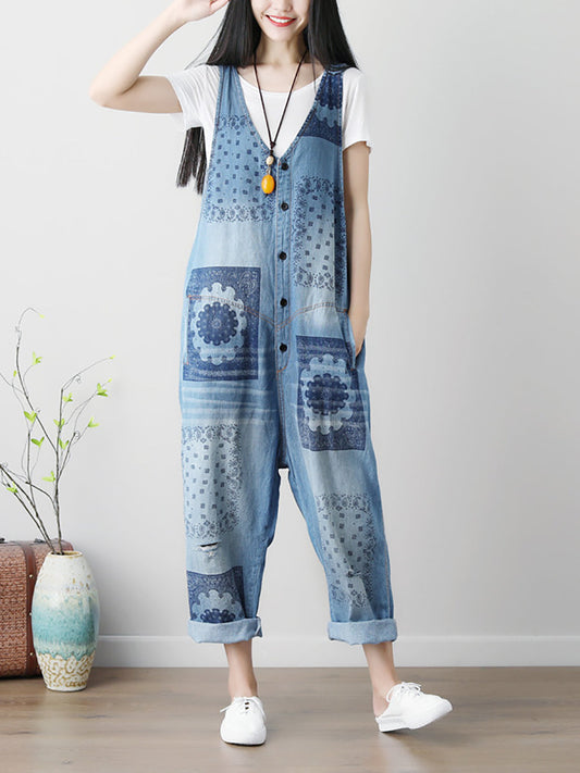 Women Summer Flower Print Button Loose Denim Jumpsuits