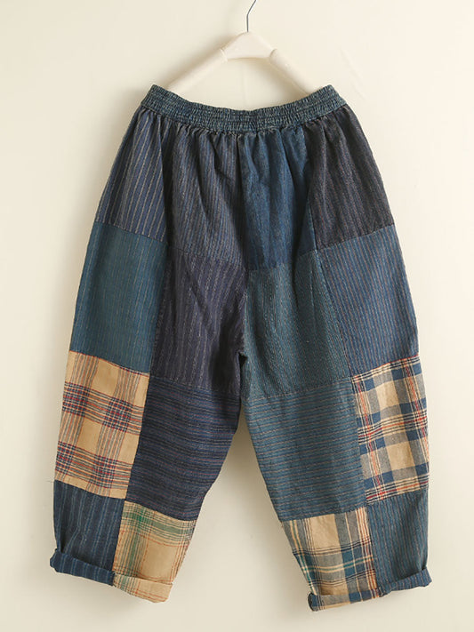 Women Retro Plaid Patch Spliced Pocket Harem Pants