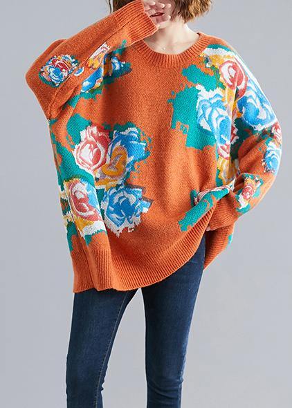 Aesthetic orange print knit tops o neck plus size knitwear
