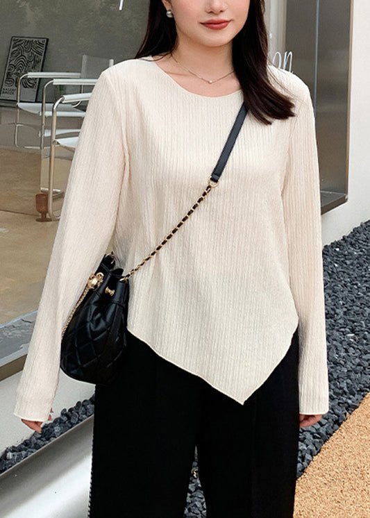 Art Apricot O-Neck Asymmetrical Cotton T Shirt Top Fall