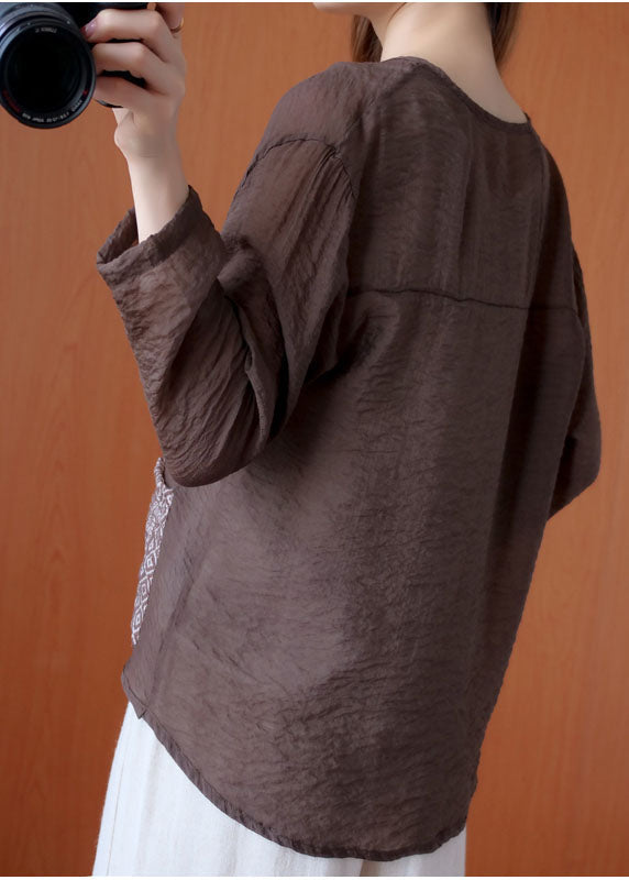 Art Chocolate V Neck Patchwork Pockets Linen Shirt Tops Spring