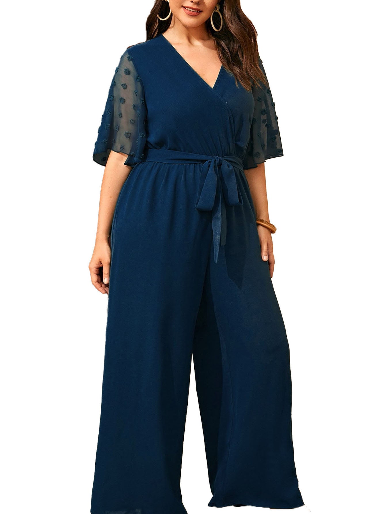 Art Navy Blue V Neck Patchwork Bow Chiffon Jumpsuit Summer