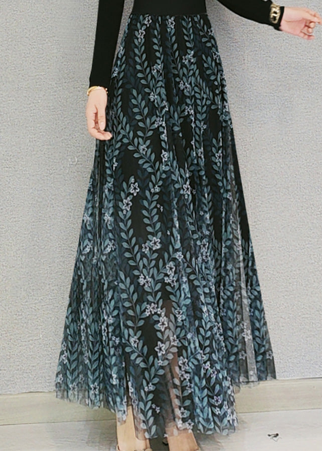 Beautiful Dull Green Print Elastic Waist Tulle Maxi Skirts Spring