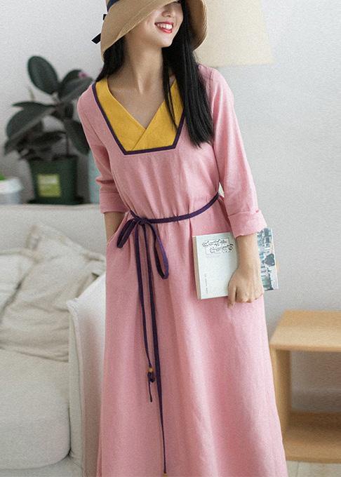 Beautiful V Neck Patchwork Spring Clothes Fabrics Pink Maxi Dress
