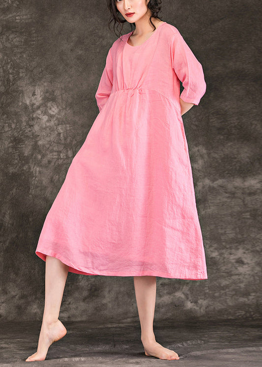 Beautiful pink linen clothes For Women fine Sewing o neck Cinched baggy Summer Dress
