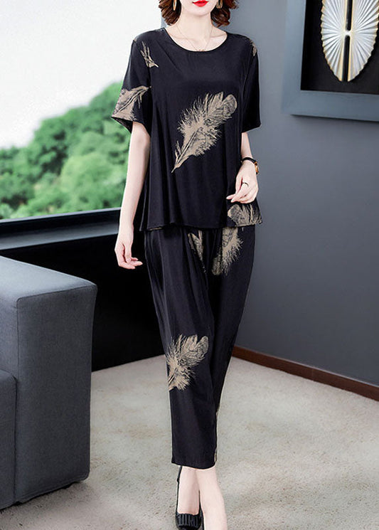 Black Print Patchwork Tops And Pants Cotton Two Pieces Set O-Neck Summer