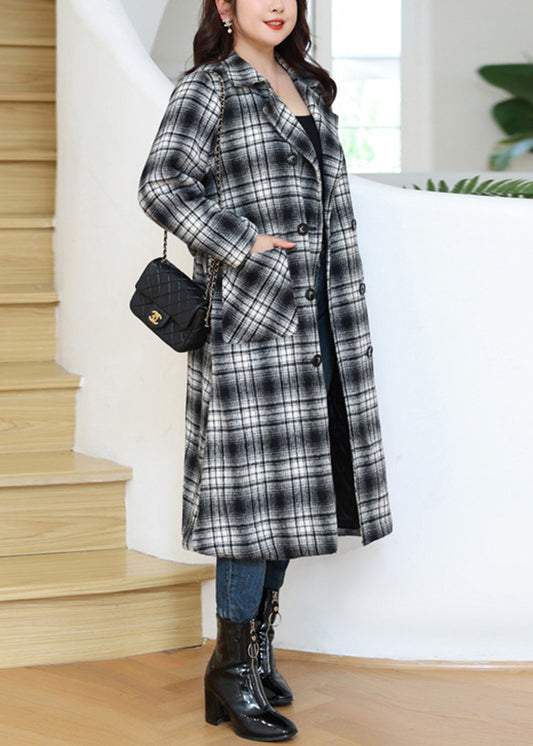 Bohemian Black White Plaid Double Breast Tie Waist Woolen Coats Fall