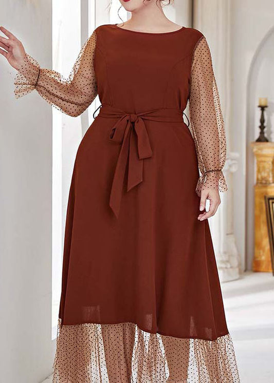 Bohemian Brown O Neck Tie Waist Patchwork Chiffon Dress Lantern Sleeve