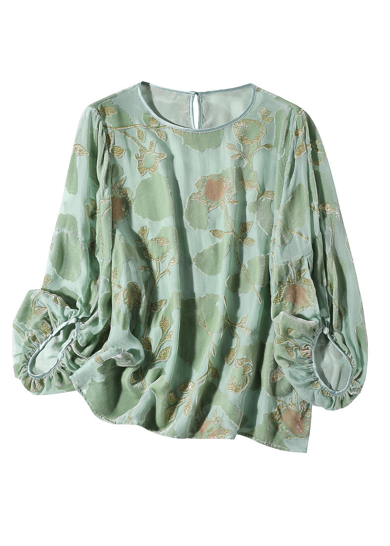 Bohemian Light Green O-Neck Print Velour Tops Long Sleeve