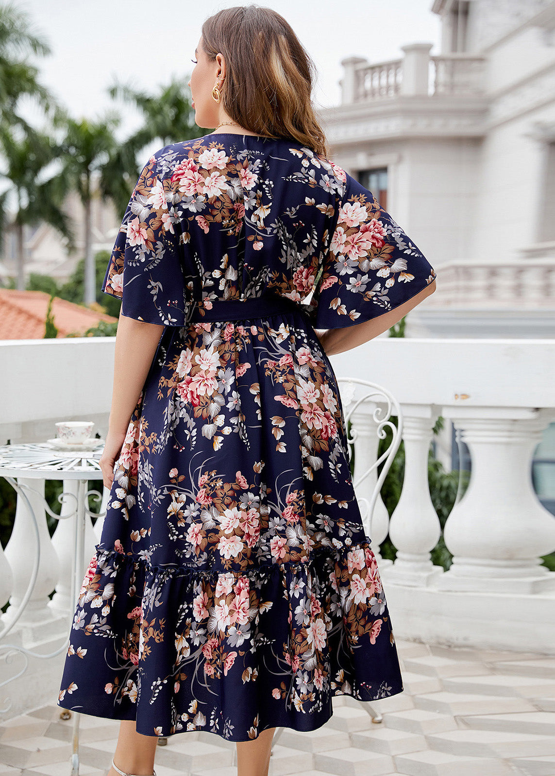 Bohemian Navy Print Patchwork Chiffon Maxi A Line Dress Short Sleeve