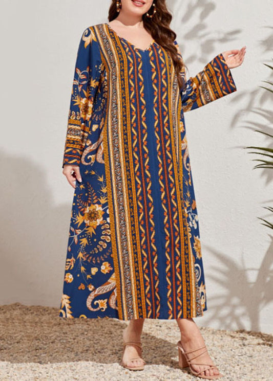 Bohemian Navy V Neck Print Patchwork Cotton Long Dresses Fall