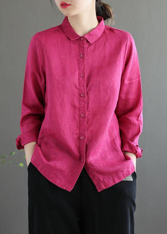 Bohemian Pink Loose Casual Button Summer Linen Long Sleeve Blouse Top