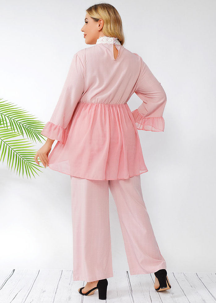 Bohemian Pink Wrinkled Lace Patchwork Chiffon Two Pieces Set Fall