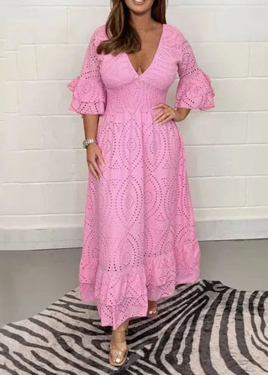 Bohemian White Ruffled Hollow Out Patchwork Cotton Long Dresses Flare Sleeve