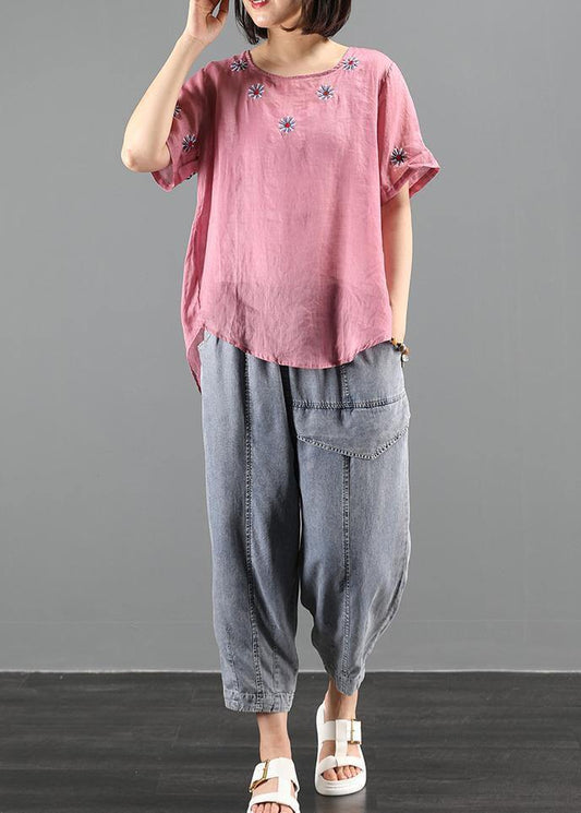 Bohemian pink embroidery tops Work Outfits o neck shirts