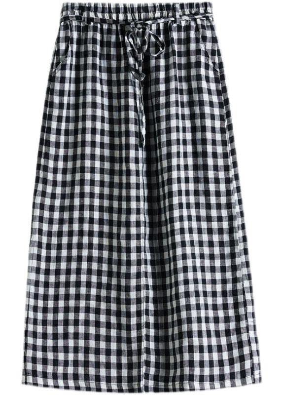 Boho Black Plaid Pockets Fall Tie Waist Skirt