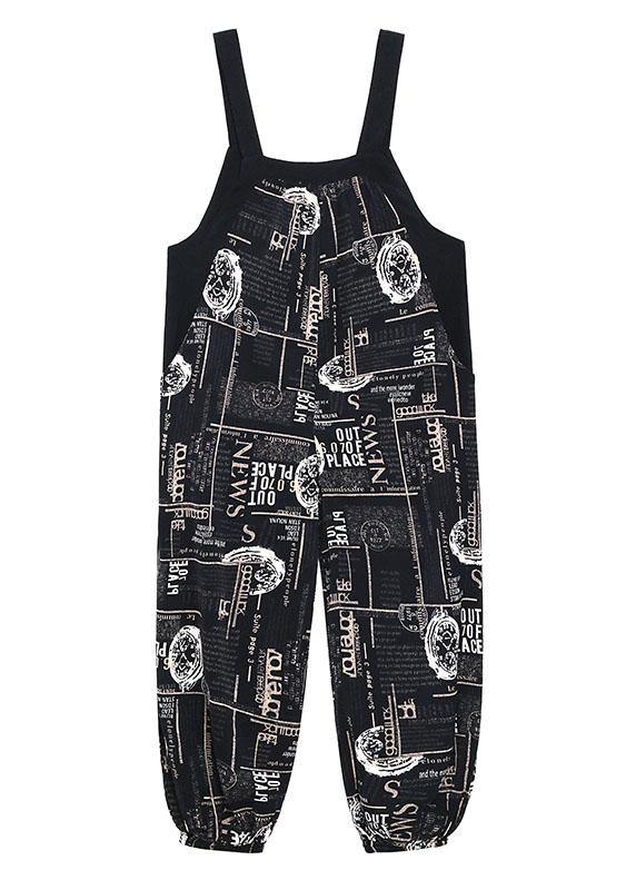 Boho Black Print Pockets carpenter pants Pants