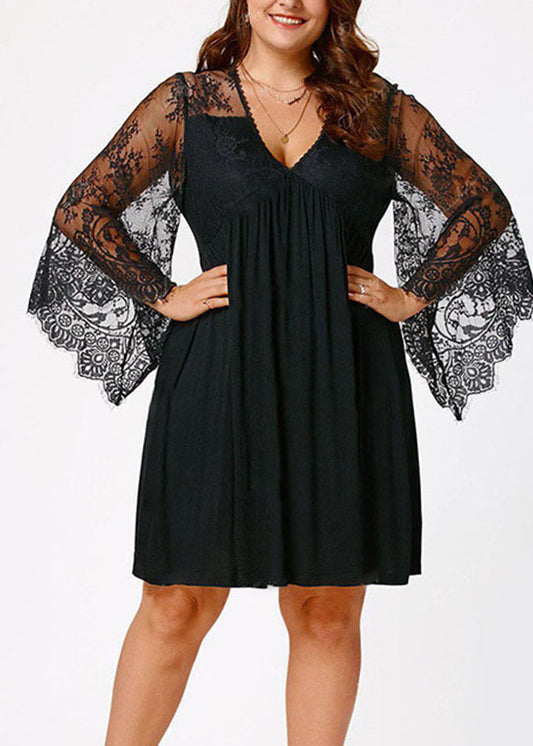 Boho Black V Neck Wrinkled Lace Patchwork Solid Mid Dresses Long Sleeve
