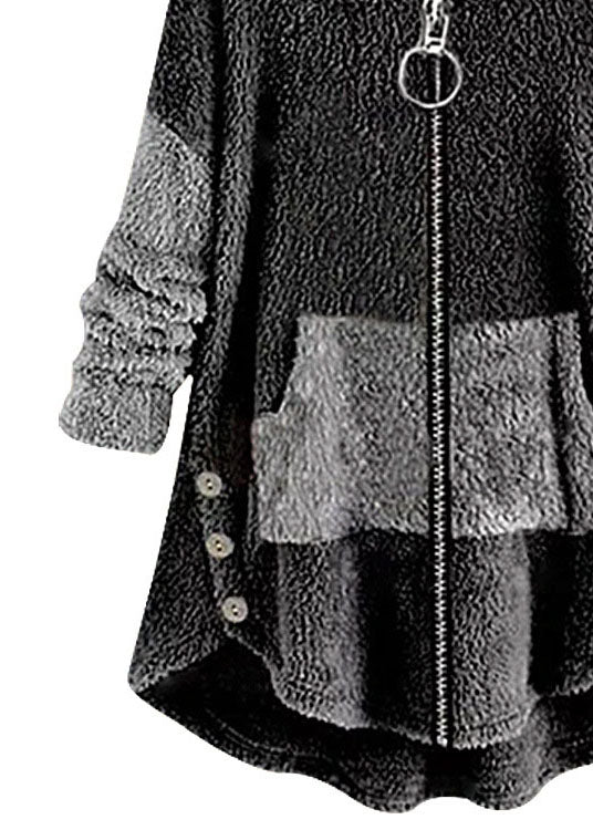 Boho Dark Gray Hooded Pockets Zippered Patchwork Teddy Faux Fur Coats Fall